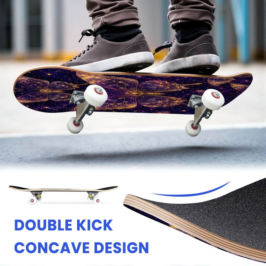 31"x8" Complete Skateboards for Beginners, Purple Floral Roses Butterfly Starry Vintage Botanical Double Kick 7 Ply Canadian Maple Deck Skateboard with Wheels, Gifts for Kids Teens