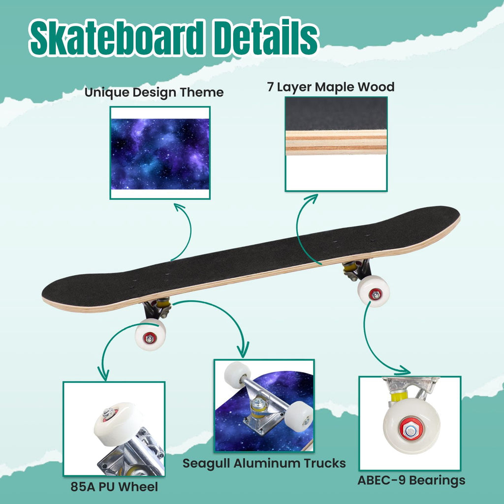Starry Nebula Deep Blue Purple Tones Cosmic Clouds Stars 31" x 8" Complete Skateboard, 7-Ply Canadian Maple Double Kick Trick Board for Kids and Beginners Adult Gifts