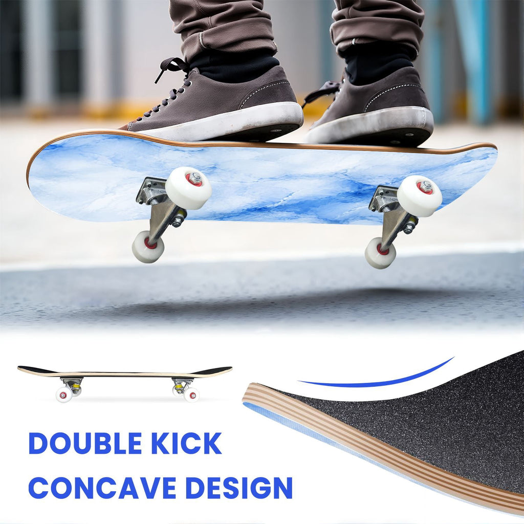 31"x8" Complete Skateboards for Beginners,Elegant White Blue Flowers Soft Petals Dreamy Artistic Double Kick 7 Ply Canadian Maple Deck Skateboard with Wheels, Gifts for Kids Teens