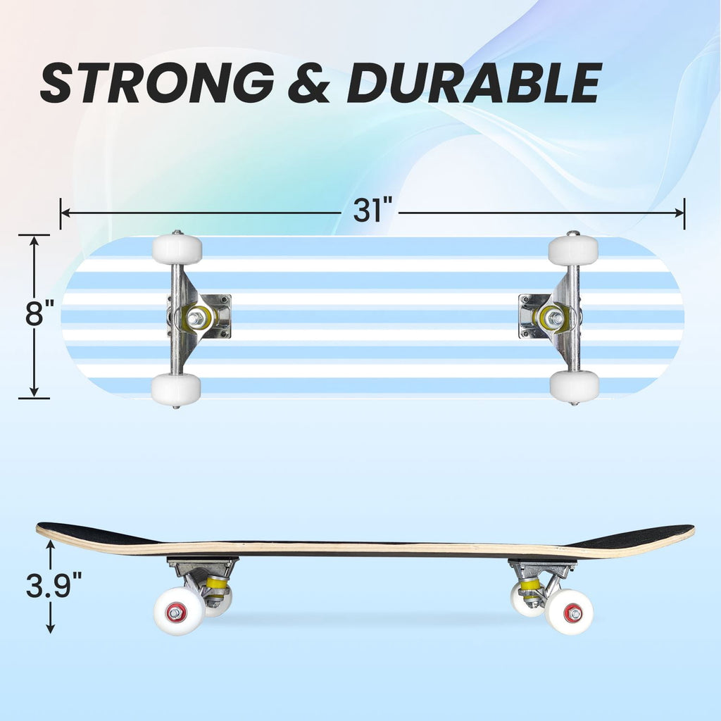 31"x8" Complete Skateboards for Beginners,Pastel Pink Vertical Stripe Minimalist Soft Design Double Kick 7 Ply Canadian Maple Deck Skateboard with Wheels, Gifts for Kids Teens