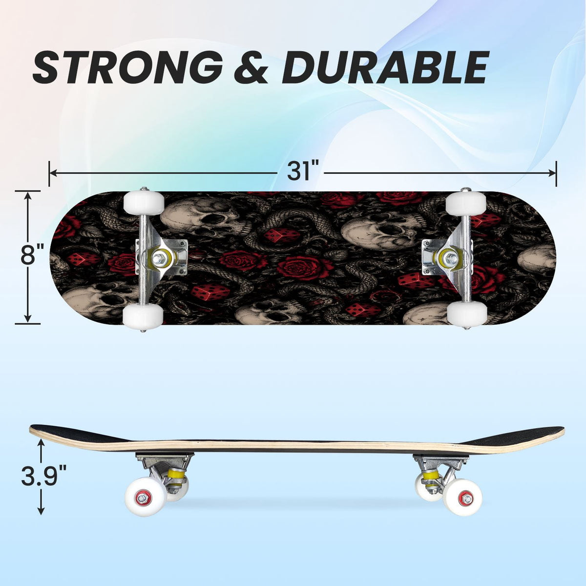 31"x8" Complete Skateboards for Beginners,Cute Ghosts Purple Bows Bats Lilac Halloween Double Kick 7 Ply Canadian Maple Deck Skateboard with Wheels, Gifts for Kids Teens
