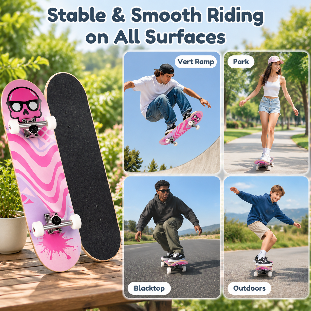 Checkerbot 31"x8" Standard Complete Skateboard with 7 Layer Canadian Maple for Beginners Adults Teens