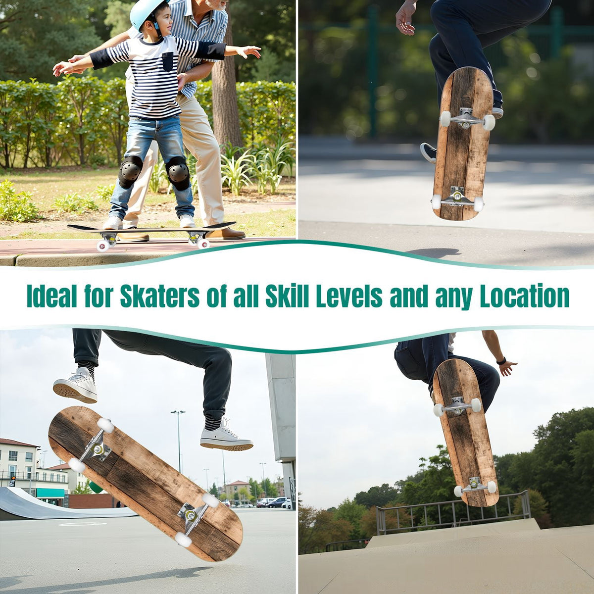 Watercolor Floral Shades Blue Grey Leaves 31" x 8" Complete Skateboard, 7-Ply Canadian Maple Double Kick Trick Board for Kids and Beginners Adult Gifts