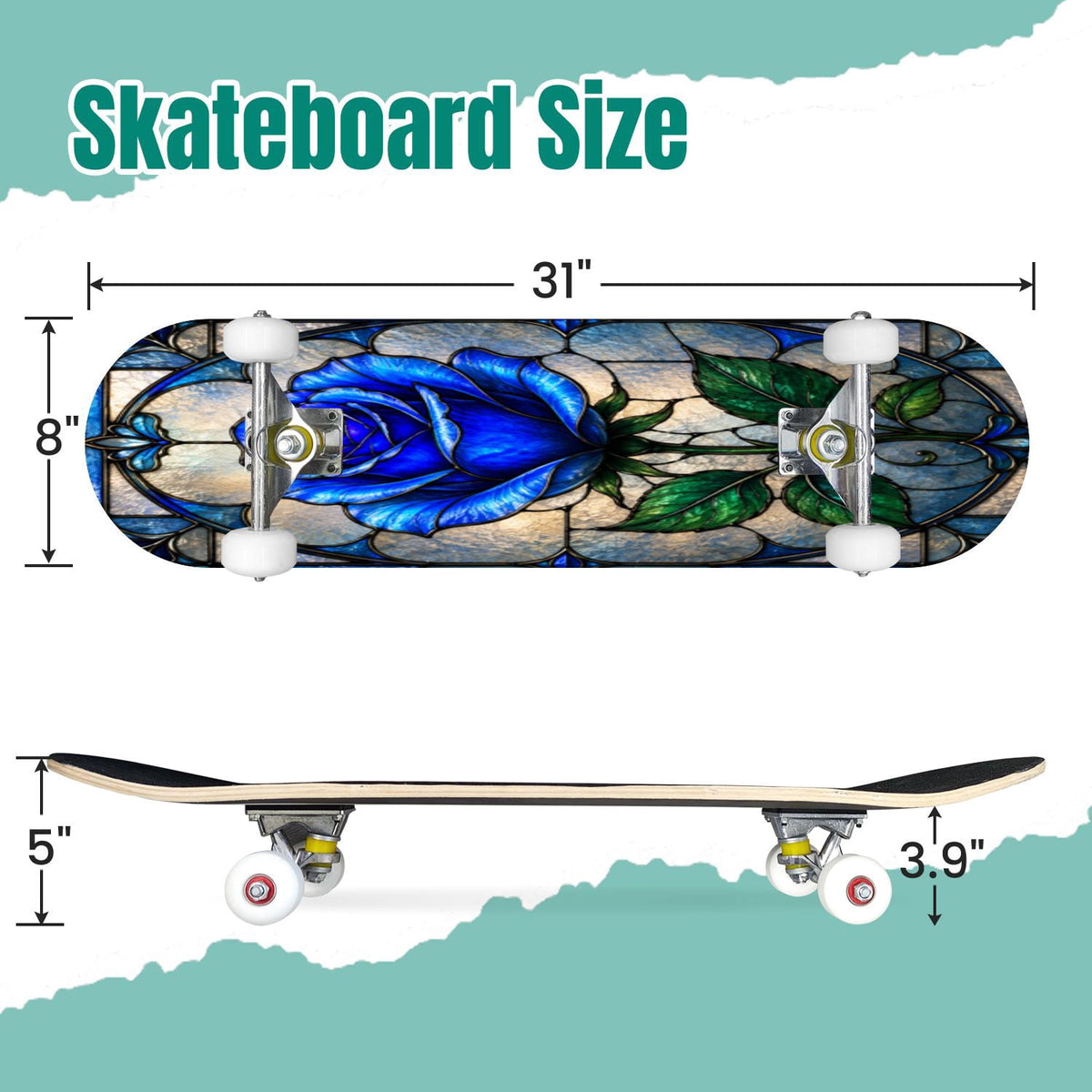 Modern Botanical Watercolor Pink Gold Mint Navy Leaves 31" x 8" Complete Skateboard, 7-Ply Canadian Maple Double Kick Trick Board for Kids and Beginners Adult Gifts