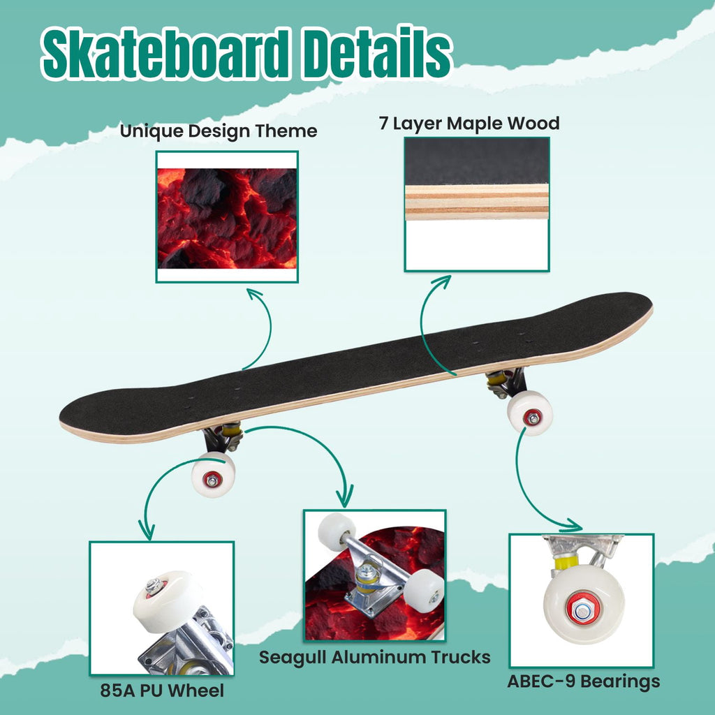 Tropical Jungle Leaf Teal Green Botanical 31" x 8" Complete Skateboard, 7-Ply Canadian Maple Double Kick Trick Board for Kids and Beginners Adult Gifts