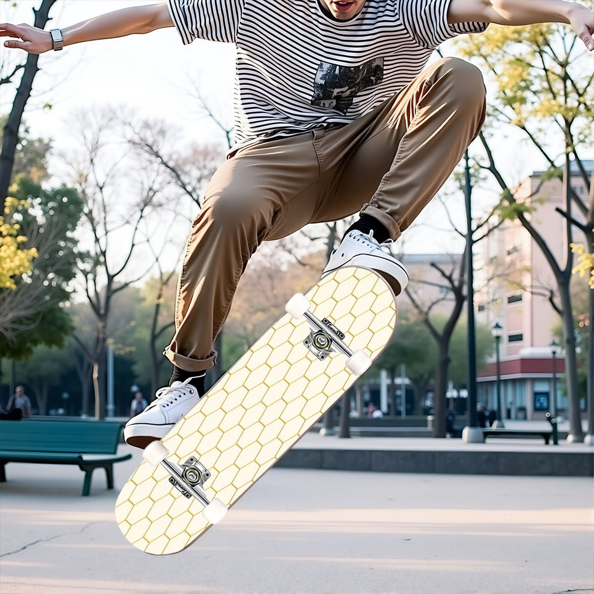 31"x8" Complete Skateboards for Beginners, Modern Abstract Hexagonal Blue Neon Glow Futuristic Double Kick 7 Ply Canadian Maple Deck Skateboard with Wheels, Gifts for Boys Teens