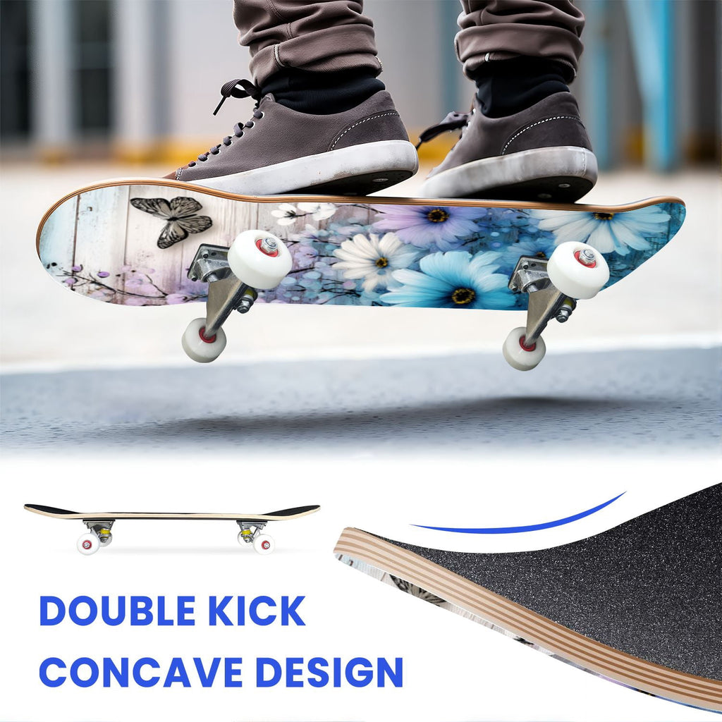 31"x8" Complete Skateboards for Beginners, Turquoise Flowers Teal Daisy Flower Butterfly Blue Romantic Double Kick 7 Ply Canadian Maple Deck Skateboard with Wheels, Gifts for Kids Teens