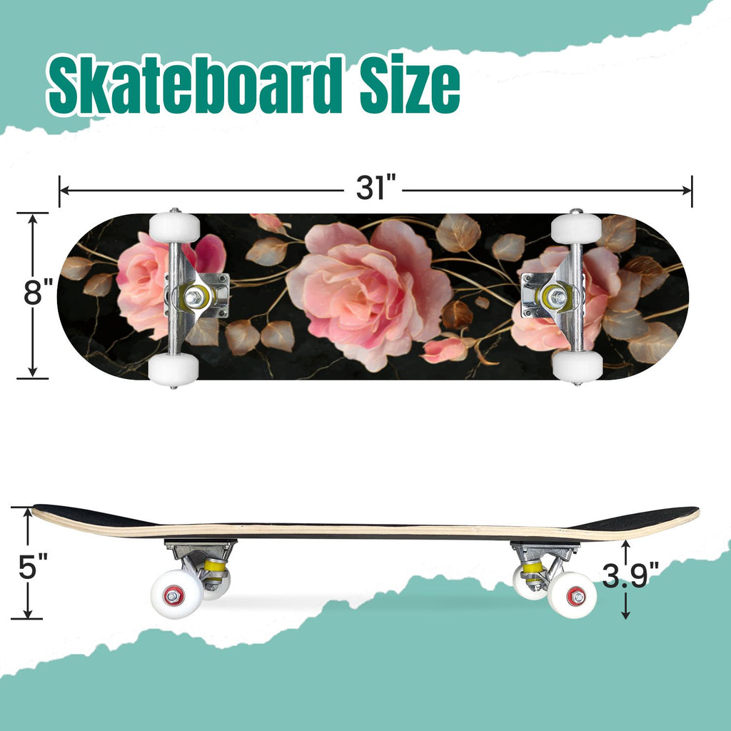 Dark Floral Wildflower Pink Yellow Blue Blooms 31" x 8" Complete Skateboard, 7-Ply Canadian Maple Double Kick Trick Board for Kids and Beginners Adult Gifts