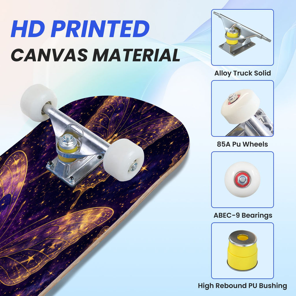 31"x8" Complete Skateboards for Beginners, Purple Floral Roses Butterfly Starry Vintage Botanical Double Kick 7 Ply Canadian Maple Deck Skateboard with Wheels, Gifts for Kids Teens