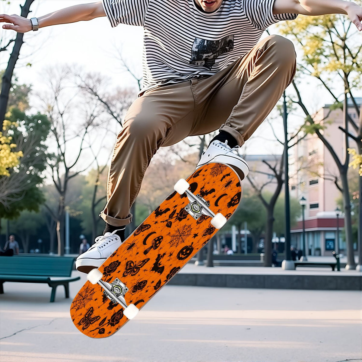 31"x8" Complete Skateboards for Beginners,Halloween Black Cats Pumpkins Ghosts Bats Beige Double Kick 7 Ply Canadian Maple Deck Skateboard with Wheels, Gifts for Kids Teens