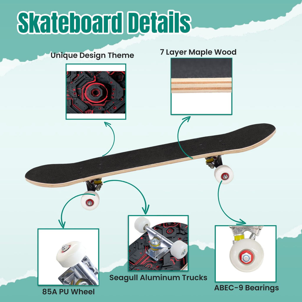 Futuristic Blue Abstract Technology Glowing Core 31" x 8" Complete Skateboard, 7-Ply Canadian Maple Double Kick Trick Board for Kids and Beginners Adult Gifts