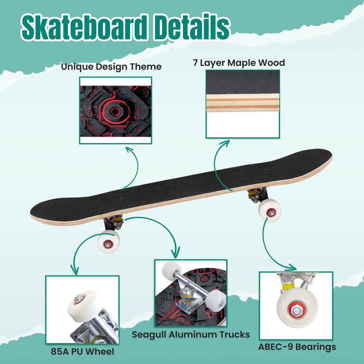Futuristic Blue Abstract Technology Glowing Core 31" x 8" Complete Skateboard, 7-Ply Canadian Maple Double Kick Trick Board for Kids and Beginners Adult Gifts