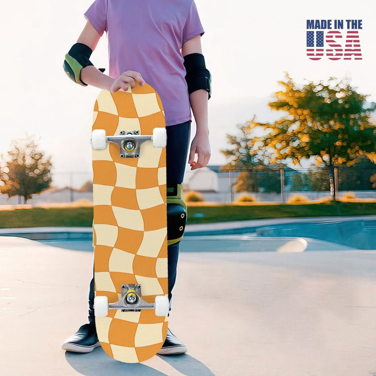 31"x8" Complete Skateboards for Beginners,Colorful Geometric Tile Multicolored Squares Double Kick 7 Ply Canadian Maple Deck Skateboard with Wheels, Gifts for Kids Teens