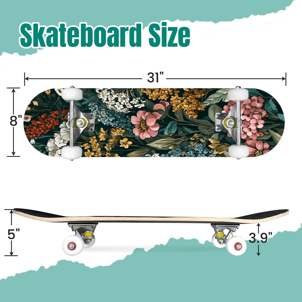 Vibrant Chrysanthemum Floral Bold Pink Purple Blooms 31" x 8" Complete Skateboard, 7-Ply Canadian Maple Double Kick Trick Board for Kids and Beginners Adult Gifts