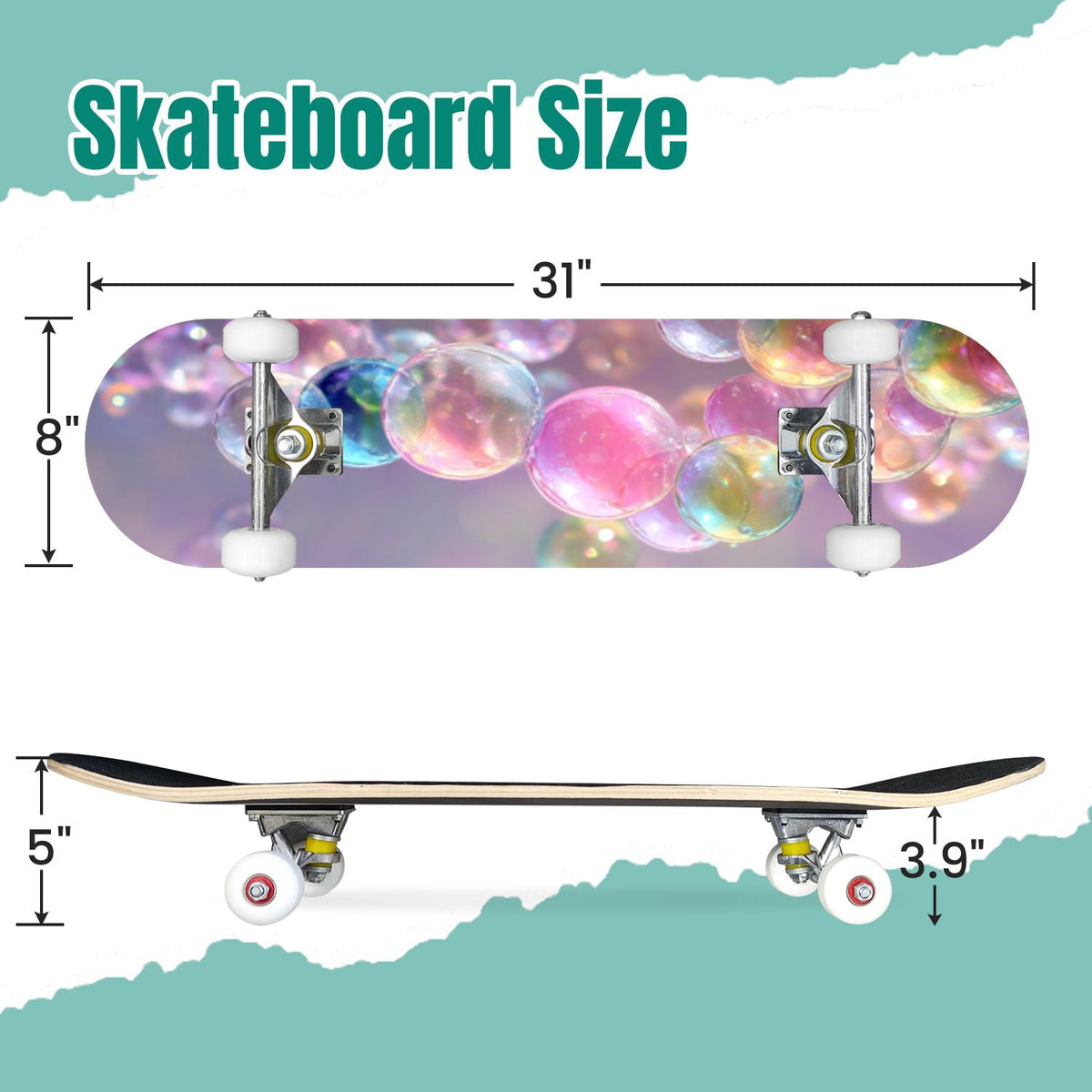 Seashells Starfish Sandy Beach Soft Lighting 31" x 8" Complete Skateboard, 7-Ply Canadian Maple Double Kick Trick Board for Kids and Beginners Adult Gifts