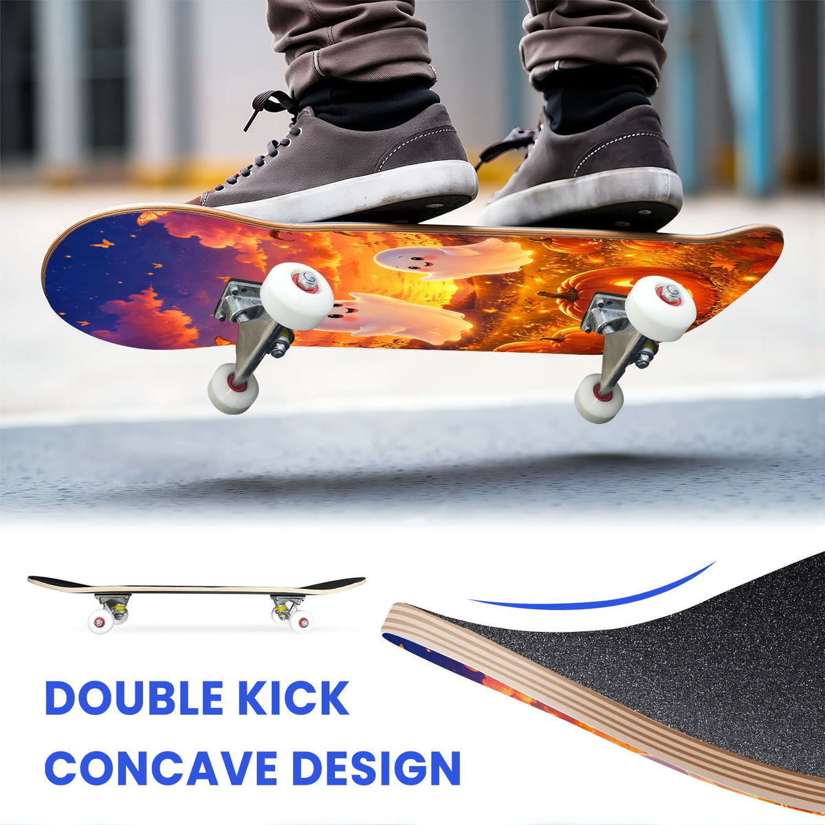 31"x8" Complete Skateboards for Beginners,Halloween Black Cats Pumpkins Ghosts Bats Beige Double Kick 7 Ply Canadian Maple Deck Skateboard with Wheels, Gifts for Kids Teens