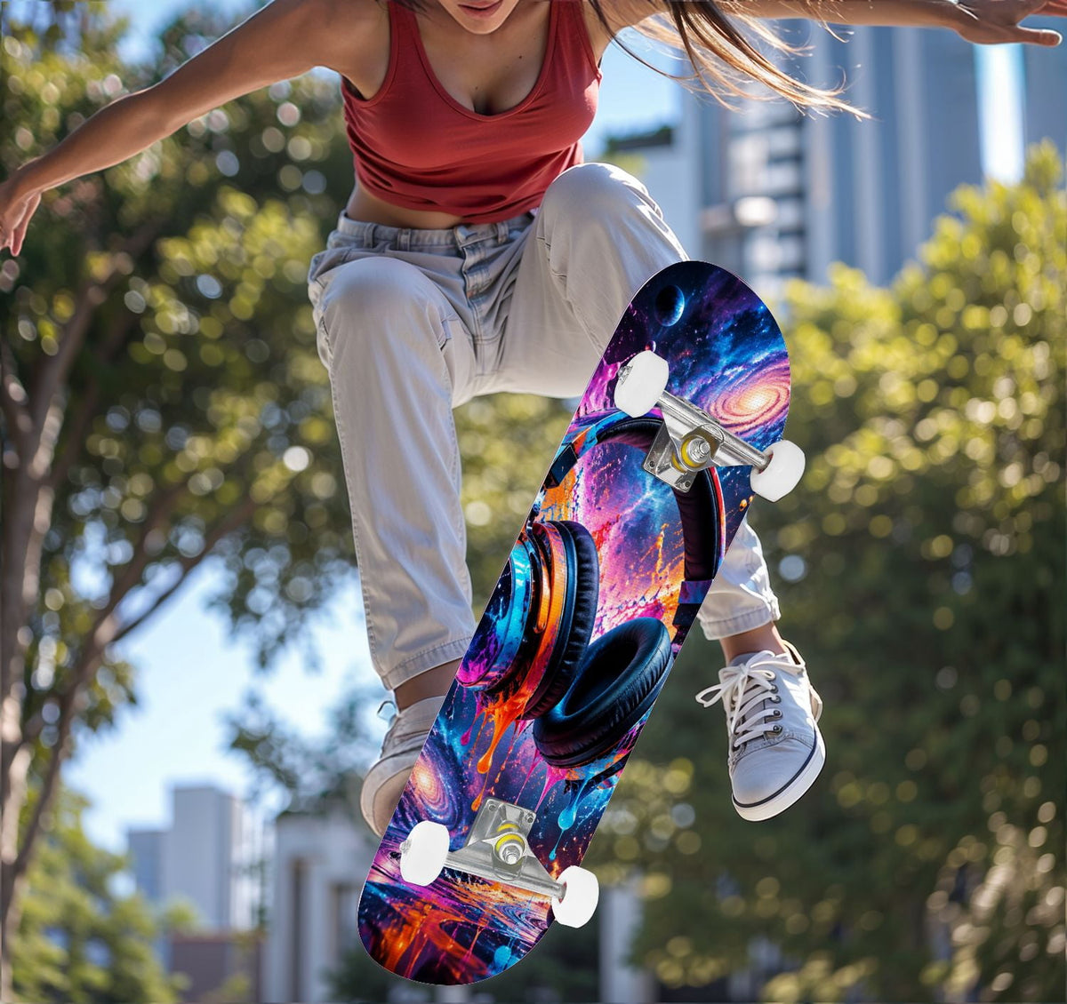 Complete Skateboard Colorful Splash Art Headphones 31 Inch 7-Ply Maple Skateboard with PU Wheels and Aluminum Trucks, Ready-to-Ride Skateboard for Beginners, Teens and Adults
