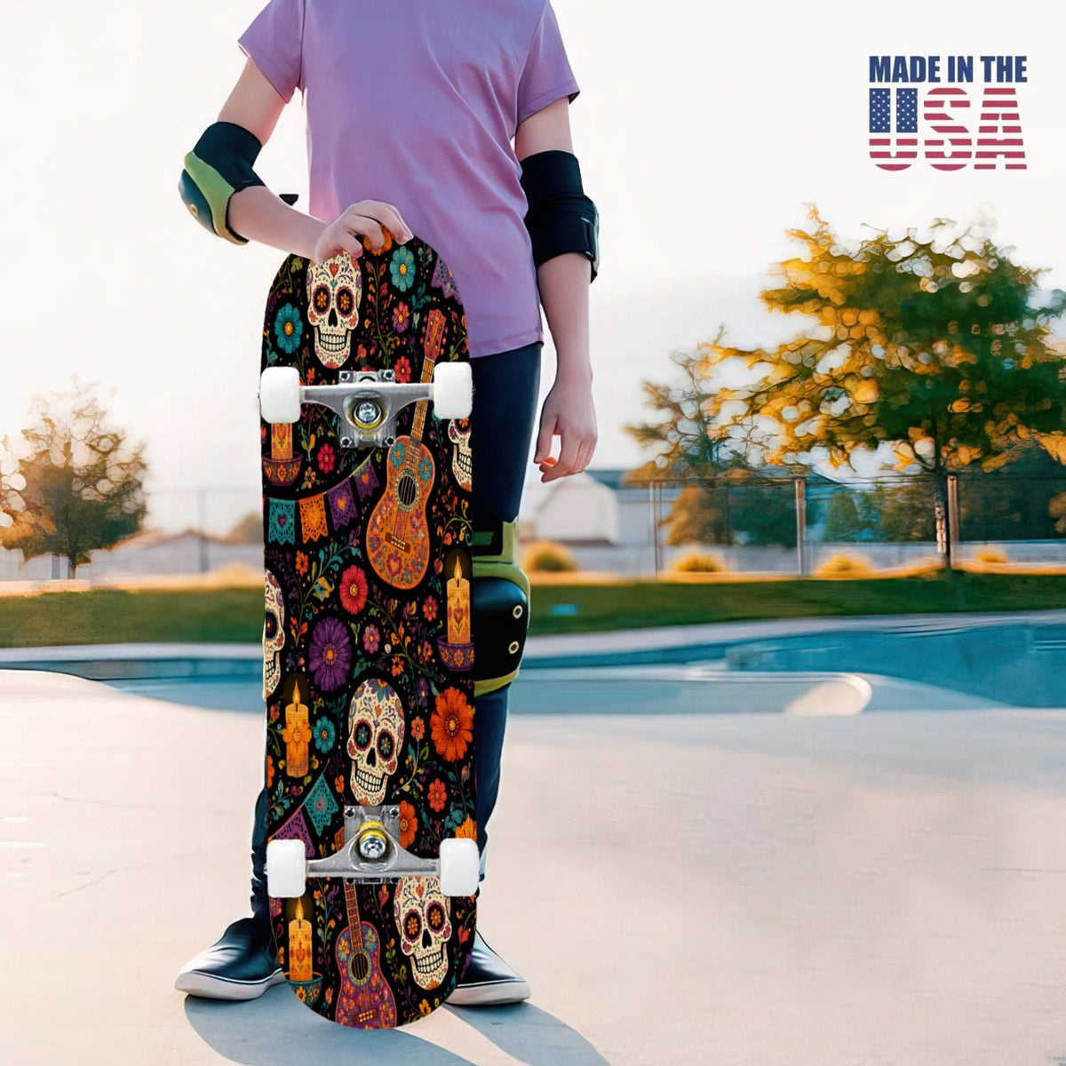 31"x8" Complete Skateboards for Beginners, Colorful Sugar Skulls Floral Patterns Mexican Double Kick 7 Ply Canadian Maple Deck Skateboard with Wheels, Gifts for Kids Teens