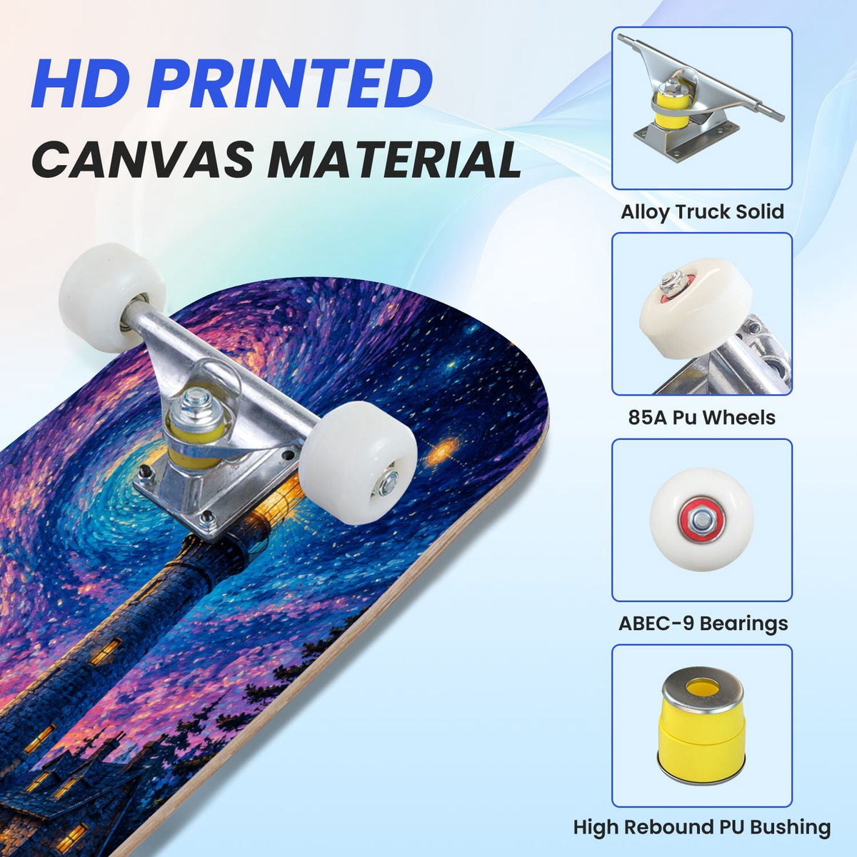 31"x8" Complete Skateboards for Beginners, Underwater Sharks Glowing Purple Jellyfish Marine Life Double Kick 7 Ply Canadian Maple Deck Skateboard with Wheels, Gifts for Kids Teens
