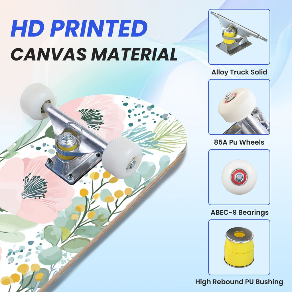 31"x8" Complete Skateboards for Beginners, Elegant Floral Pink Roses Blue Butterflies Double Kick 7 Ply Canadian Maple Deck Skateboard with Wheels, Gifts for Kids Teens