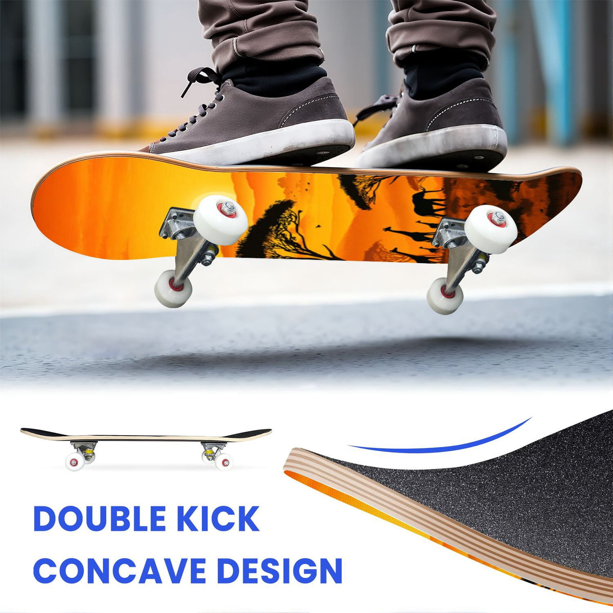 31"x8" Complete Skateboards for Beginners, Soft Blue Cream Striped Design Double Kick 7 Ply Canadian Maple Deck Skateboard with Wheels, Gifts for Kids Teens