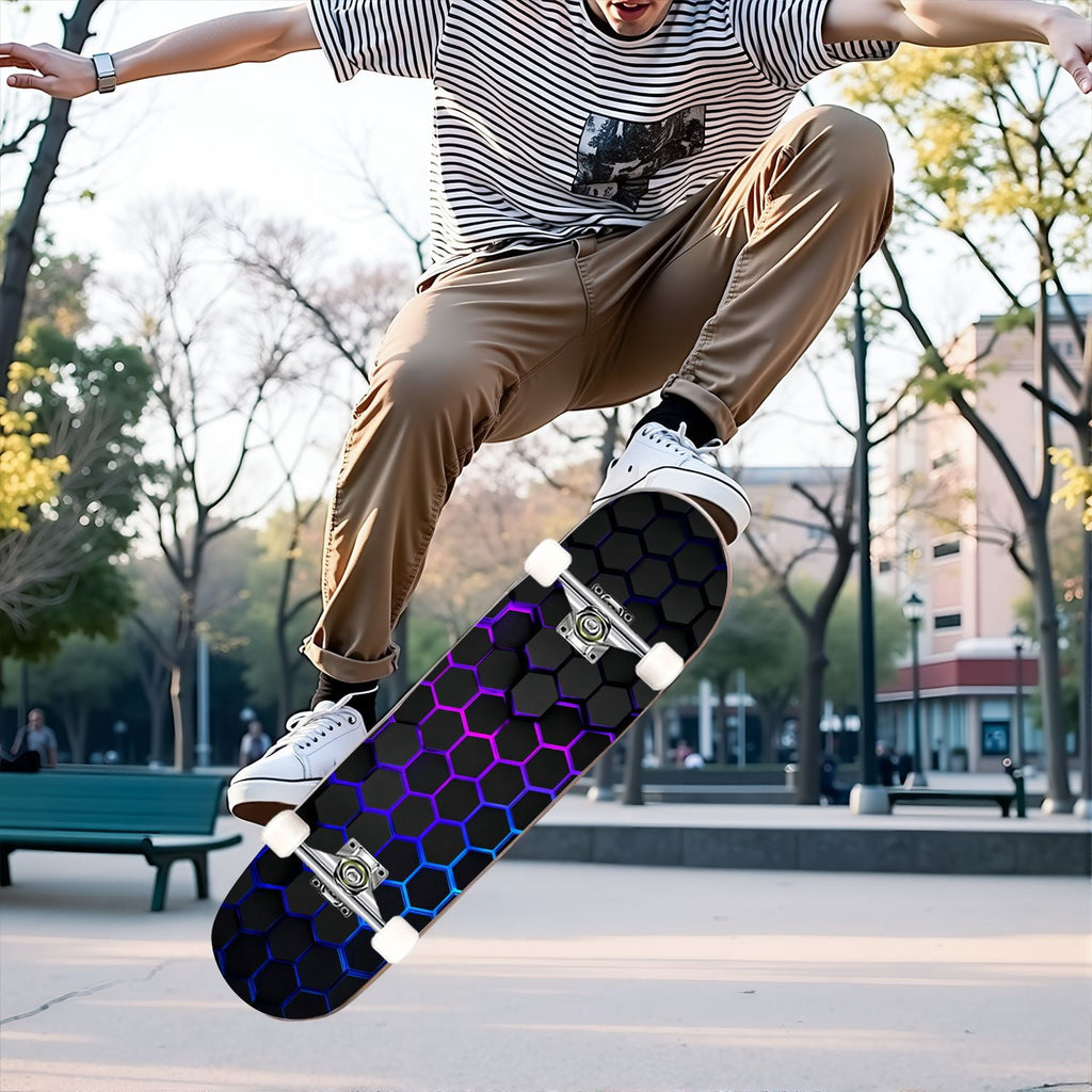 31"x8" Complete Skateboards for Beginners,Geometric Hexagon Glowing Neon Blue Purple Double Kick 7 Ply Canadian Maple Deck Skateboard with Wheels, Gifts for Kids Teens