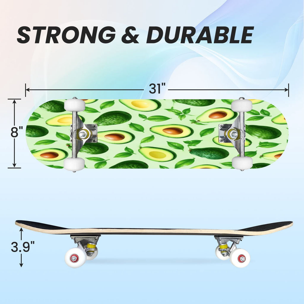 31"x8" sliced avocado Complete Skateboard for Beginners whole bright green seamless 7 Layer Maple Deck Double Kick Kids Skateboard with 85A PU Wheels Gifts for Kids Teens