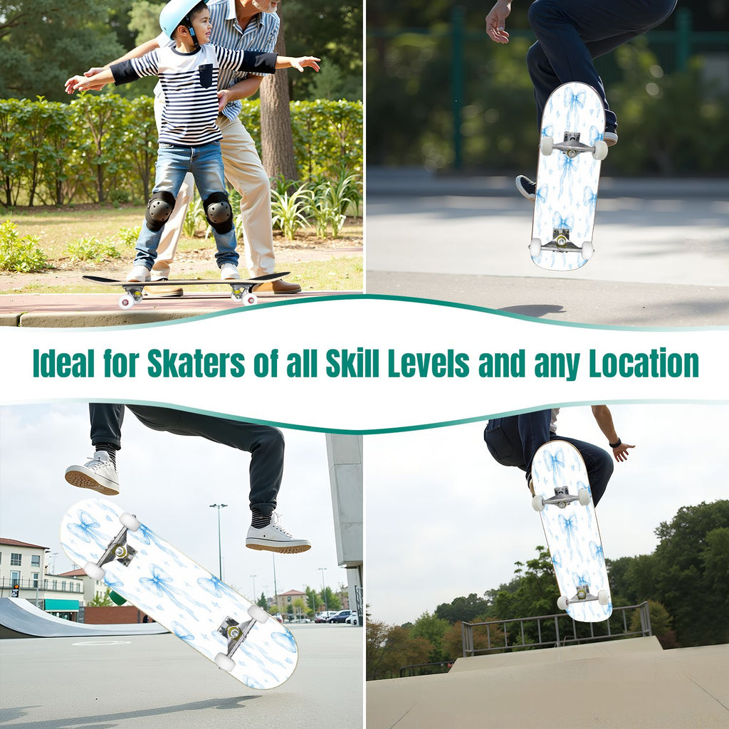 31"x8" Complete Skateboards for Beginners,Seamless Blue Watercolor Crabs Floral Accents Light Double Kick 7 Ply Canadian Maple Deck Skateboard with Wheels, Gifts for Kids Teens