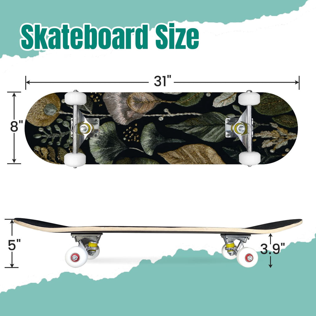 Botanical Embroidery Golden Green Leaves Black 31" x 8" Complete Skateboard, 7-Ply Canadian Maple Double Kick Trick Board for Kids and Beginners Adult Gifts