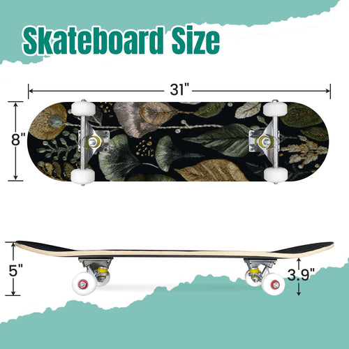 Botanical Embroidery Golden Green Leaves Black 31" x 8" Complete Skateboard, 7-Ply Canadian Maple Double Kick Trick Board for Kids and Beginners Adult Gifts