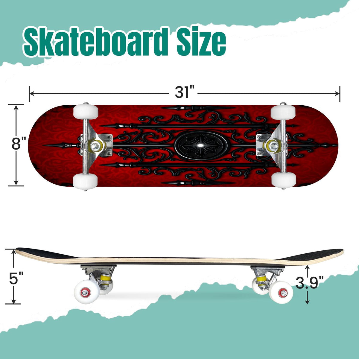 Red Mystic Circle Eyes Occult Symbols Dark Abstract Art 31" x 8" Complete Skateboard, 7-Ply Canadian Maple Double Kick Trick Board for Kids and Beginners Adult Gifts