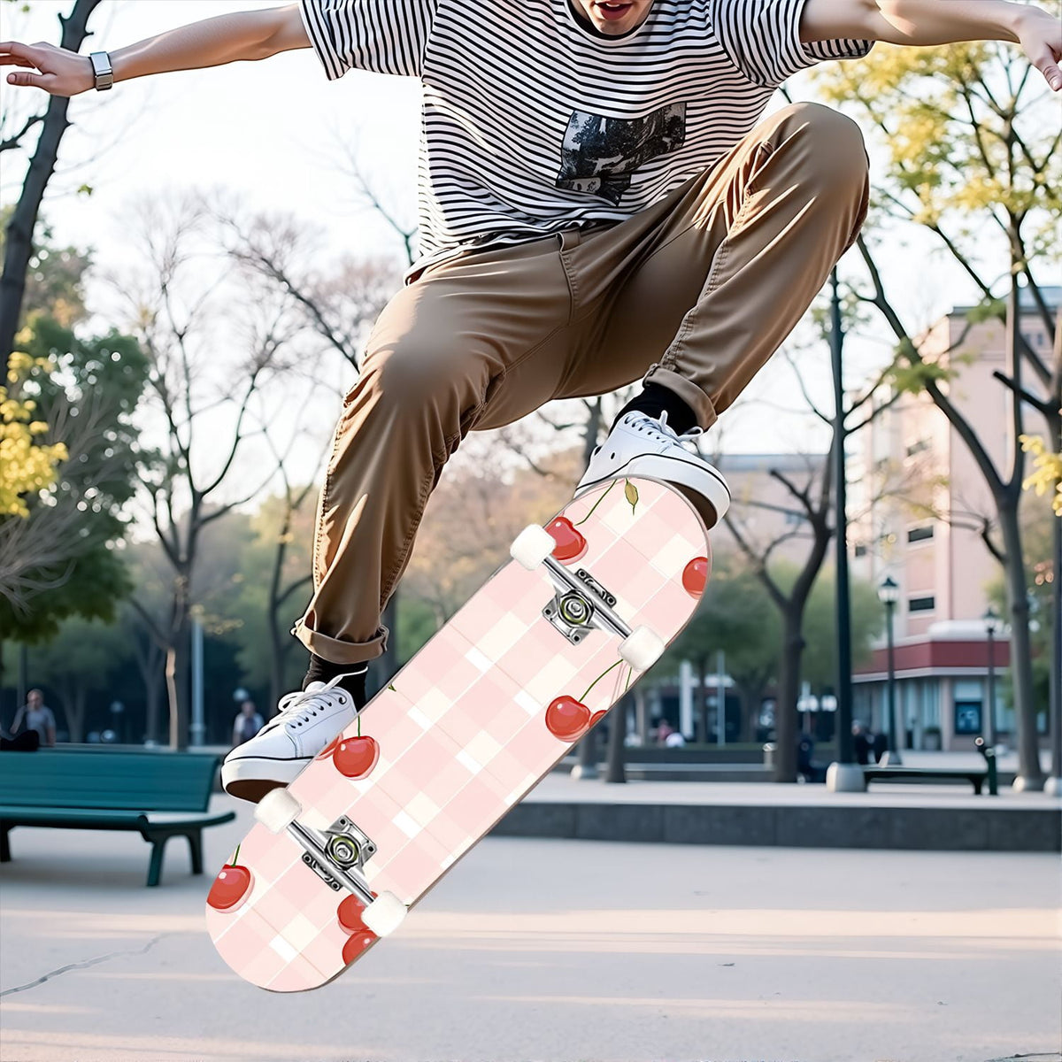 31"x8" Complete Skateboards for Beginners,Pink White Gingham Checkered Subtle Double Kick 7 Ply Canadian Maple Deck Skateboard with Wheels, Gifts for Kids Teens