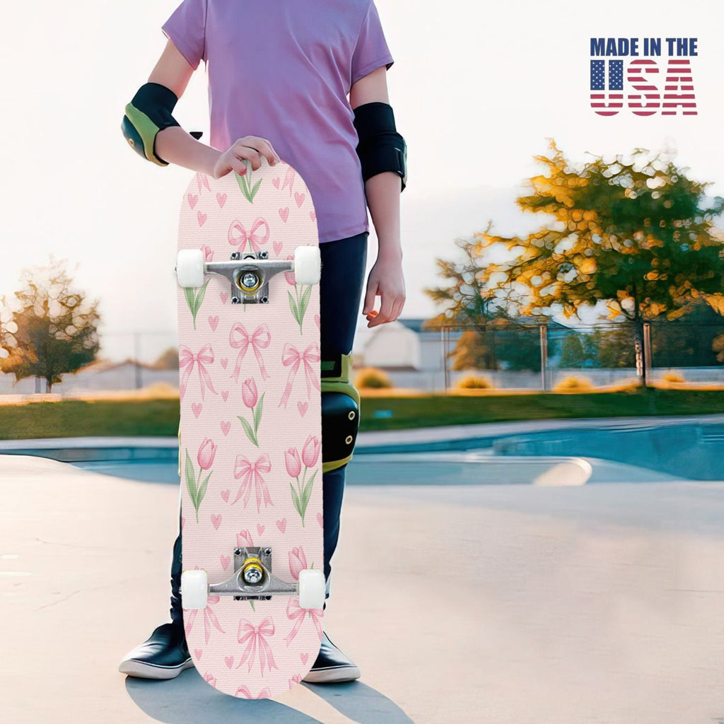 31"x8" Complete Skateboards for Beginners, Seamless Pink Peony Floral Cream Double Kick 7 Ply Canadian Maple Deck Skateboard with Wheels, Gifts for Girls Teens