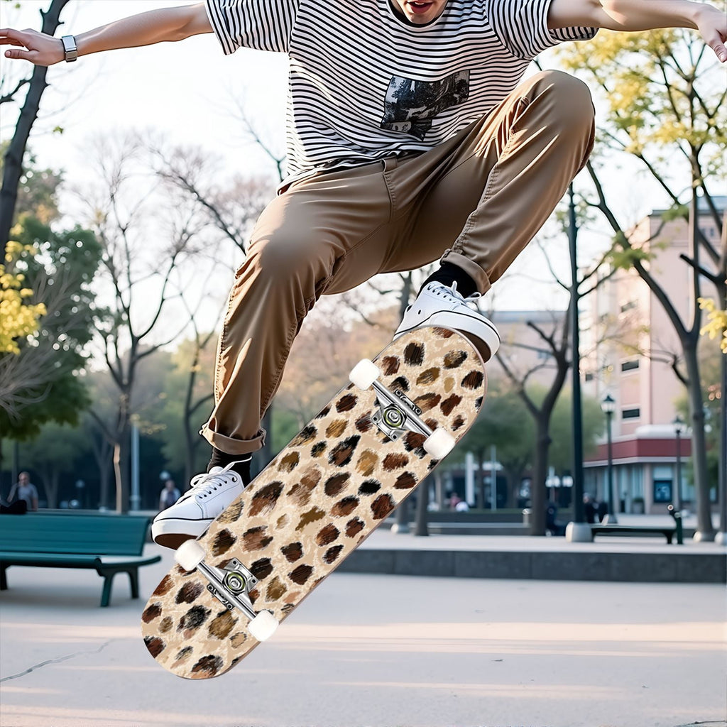 31"x8" Complete Skateboards for Beginners,Leopard Print Black Brown Beige Double Kick 7 Ply Canadian Maple Deck Skateboard with Wheels, Gifts for Kids Teens