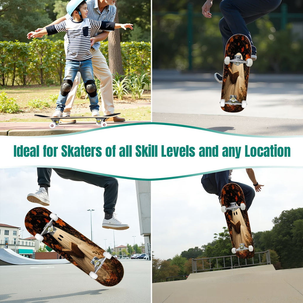 31"x8" Complete Skateboards for Beginners,Halloween Forest Bats Black Cat Glowing Double Kick 7 Ply Canadian Maple Deck Skateboard with Wheels, Gifts for Kids Teens