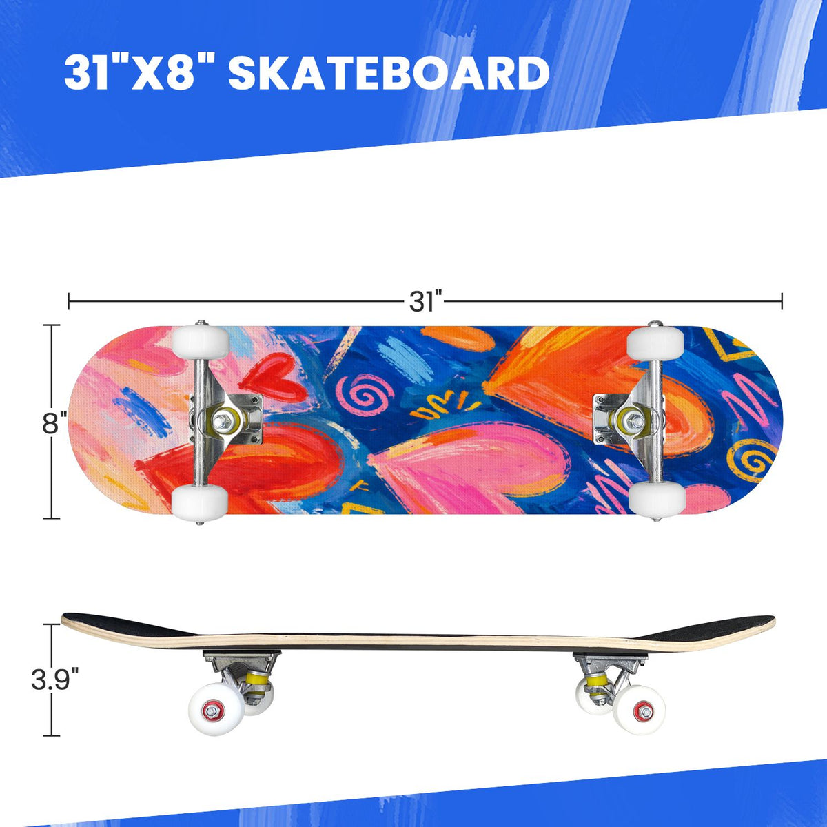 Complete Skateboard Colorful Hearts 31 Inch 7-Ply Maple Skateboard with PU Wheels and Aluminum Trucks, Ready-to-Ride Skateboard for Beginners, Teens and Adults