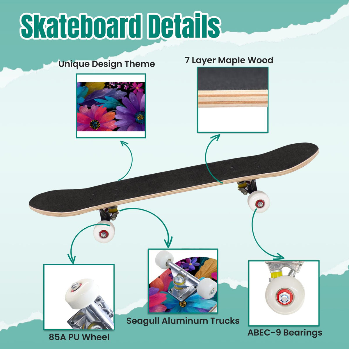 Golden Floral Line Art Seamless 31" x 8" Complete Skateboard, 7-Ply Canadian Maple Double Kick Trick Board for Kids and Beginners Adult Gifts