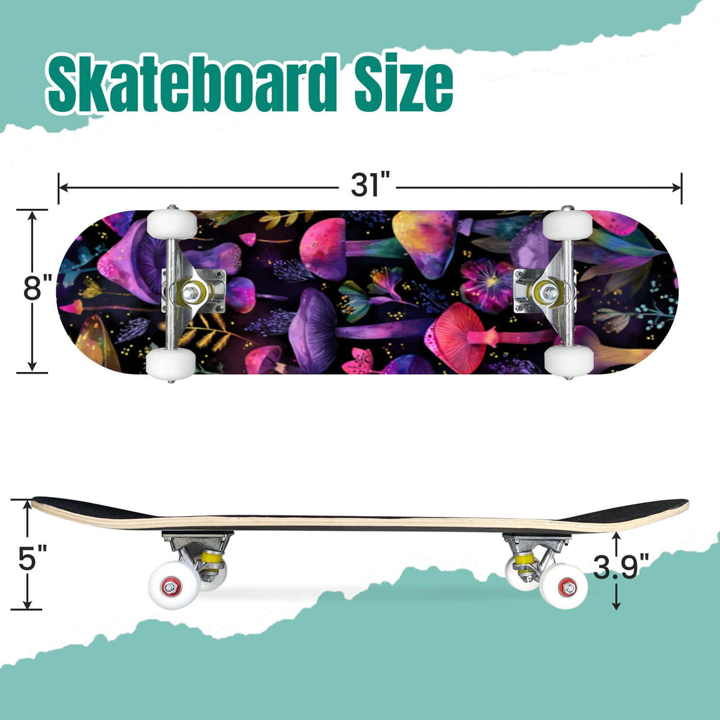 Vibrant Floral Bouquet Pink Roses Bright Colors Teal 31" x 8" Complete Skateboard, 7-Ply Canadian Maple Double Kick Trick Board for Kids and Beginners Adult Gifts