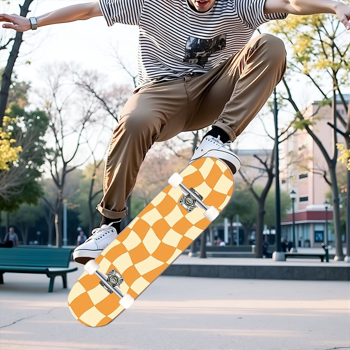 31"x8" Complete Skateboards for Beginners,Colorful Geometric Tile Multicolored Squares Double Kick 7 Ply Canadian Maple Deck Skateboard with Wheels, Gifts for Kids Teens