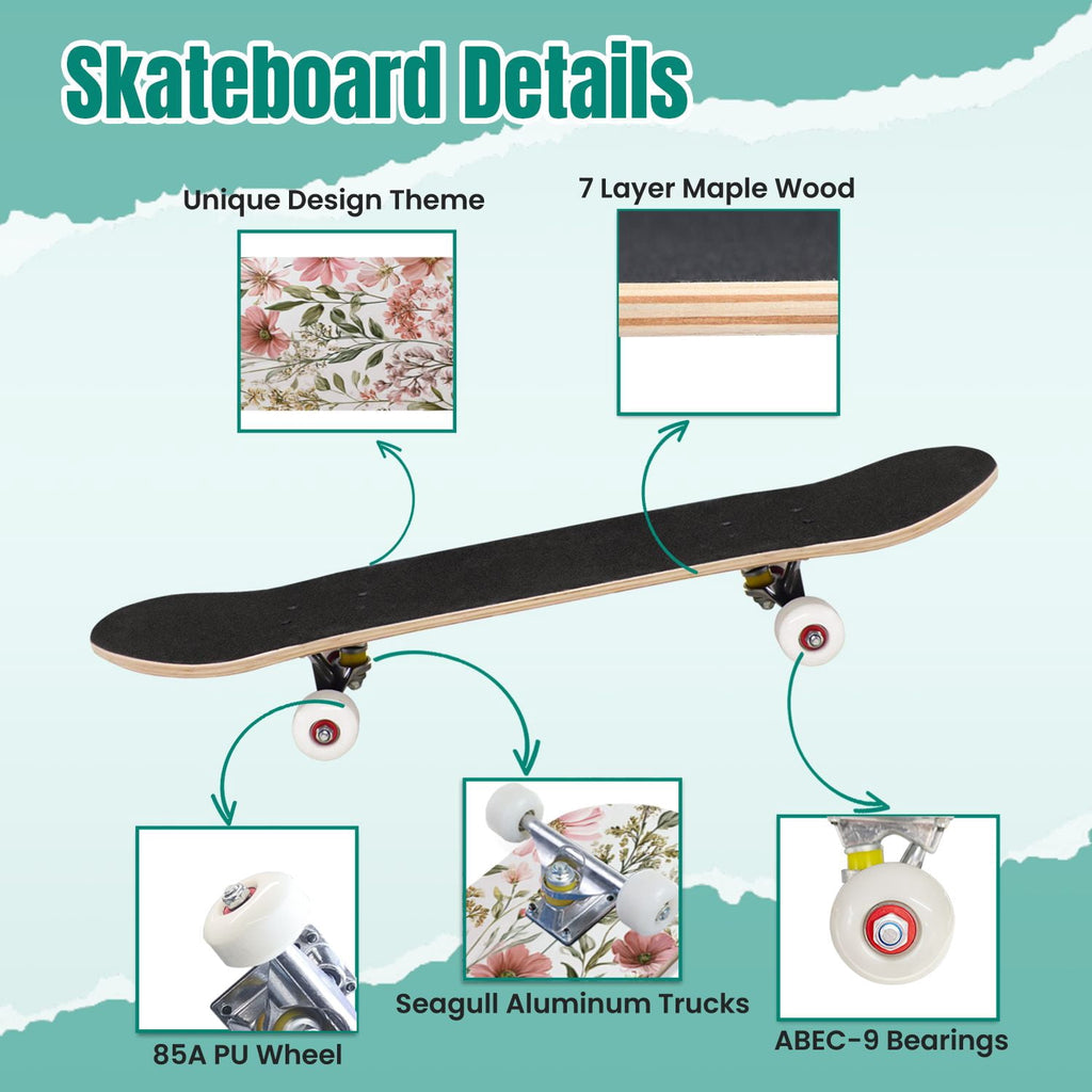 Golden Floral Line Art Seamless 31" x 8" Complete Skateboard, 7-Ply Canadian Maple Double Kick Trick Board for Kids and Beginners Adult Gifts
