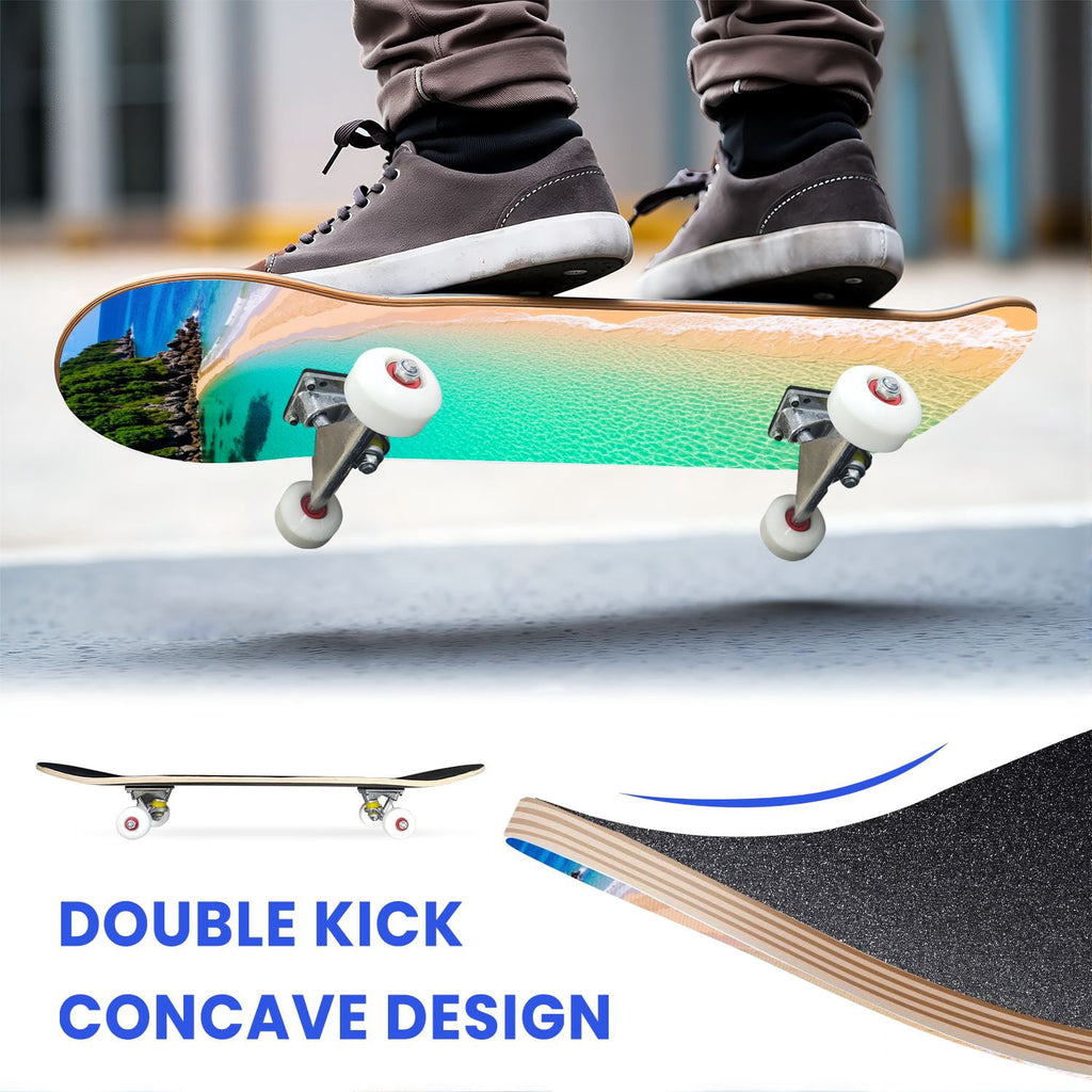 31"x8" Complete Skateboards for Beginners, Idyllic Tropical Beach Turquoise Water Golden Sand Shoreline Double Kick 7 Ply Canadian Maple Deck Skateboard with Wheels, Gifts for Kids Teens