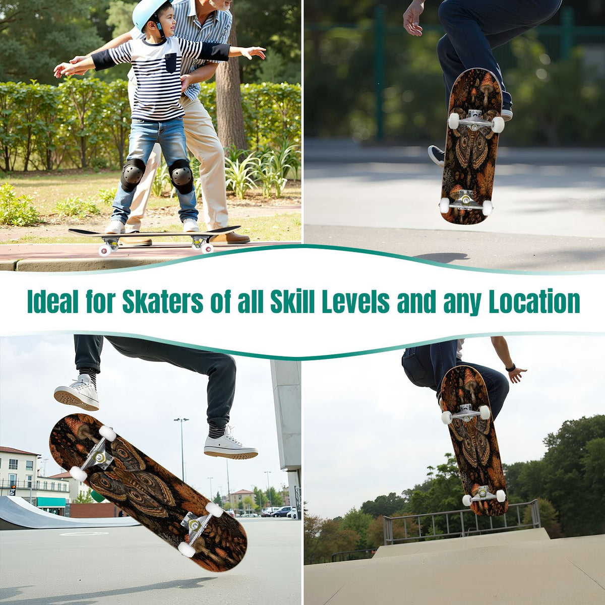 31"x8" Complete Skateboards for Beginners,Halloween Themed Pumpkins Witch Hats Spooky Double Kick 7 Ply Canadian Maple Deck Skateboard with Wheels, Gifts for Kids Teens