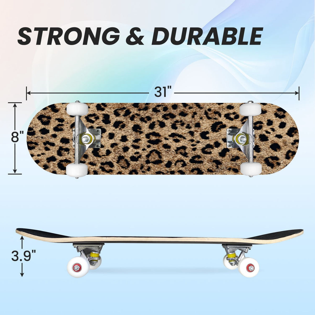 31"x8" Complete Skateboards for Beginners,Black Leopard Print Grey Double Kick 7 Ply Canadian Maple Deck Skateboard with Wheels, Gifts for Kids Teens
