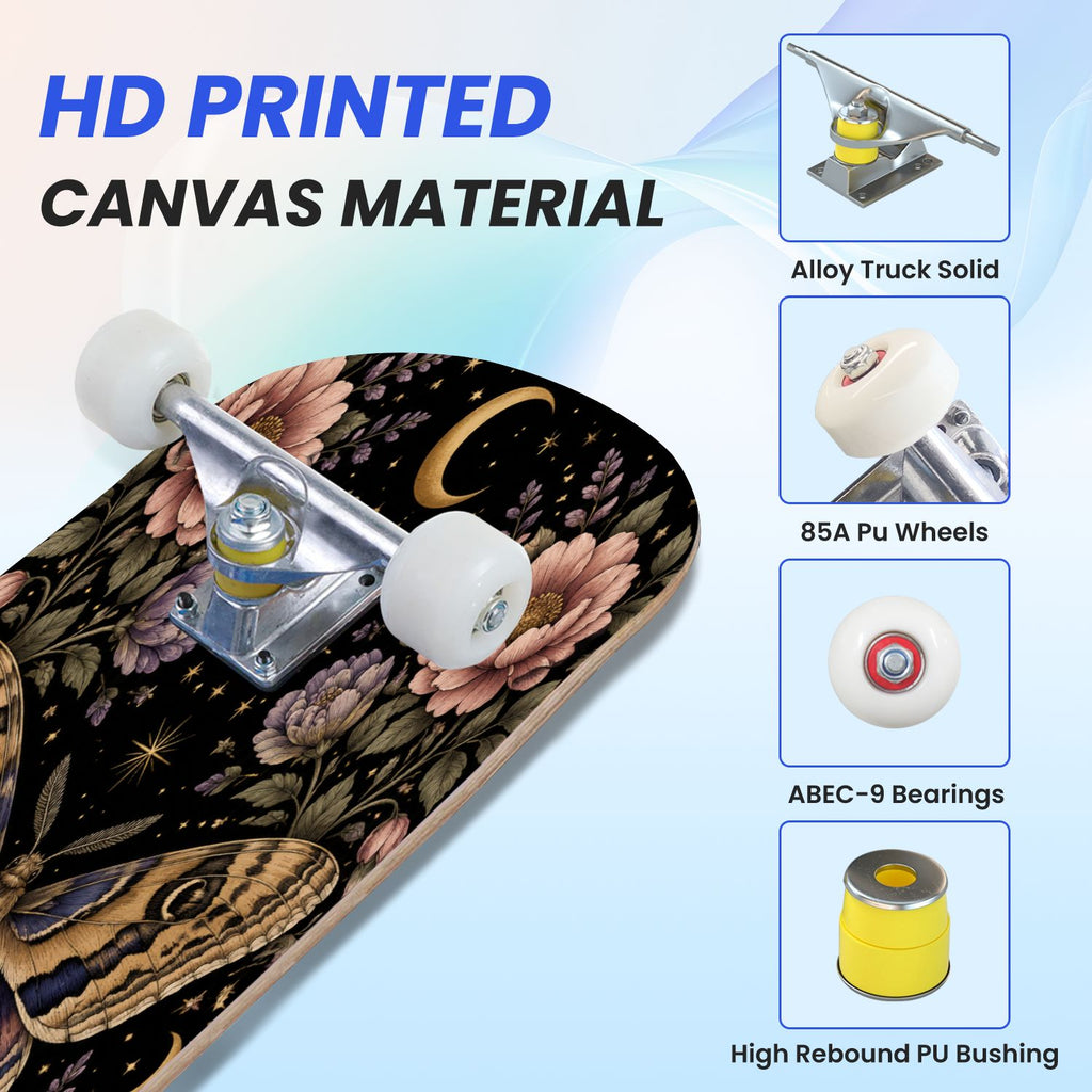 31"x8" Complete Skateboards for Beginners, Blue Moth Moonlight Flowers Mushrooms Forest Double Kick 7 Ply Canadian Maple Deck Skateboard with Wheels, Gifts for Kids Teens