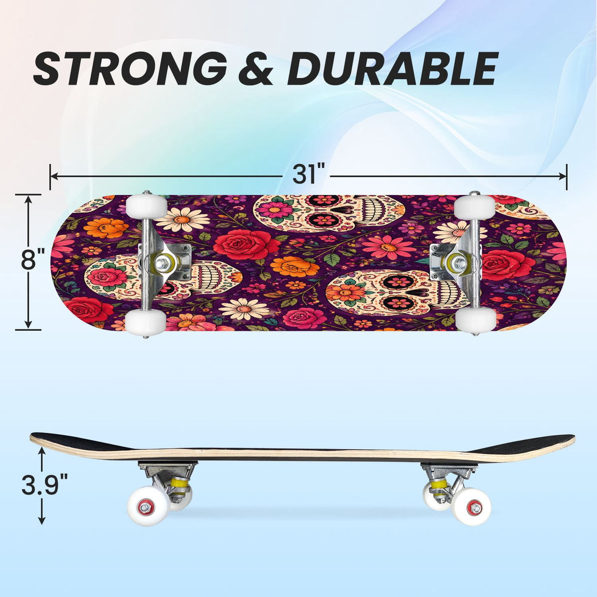 31"x8" Complete Skateboards for Beginners, Colorful Sugar Skulls Floral Patterns Mexican Double Kick 7 Ply Canadian Maple Deck Skateboard with Wheels, Gifts for Kids Teens