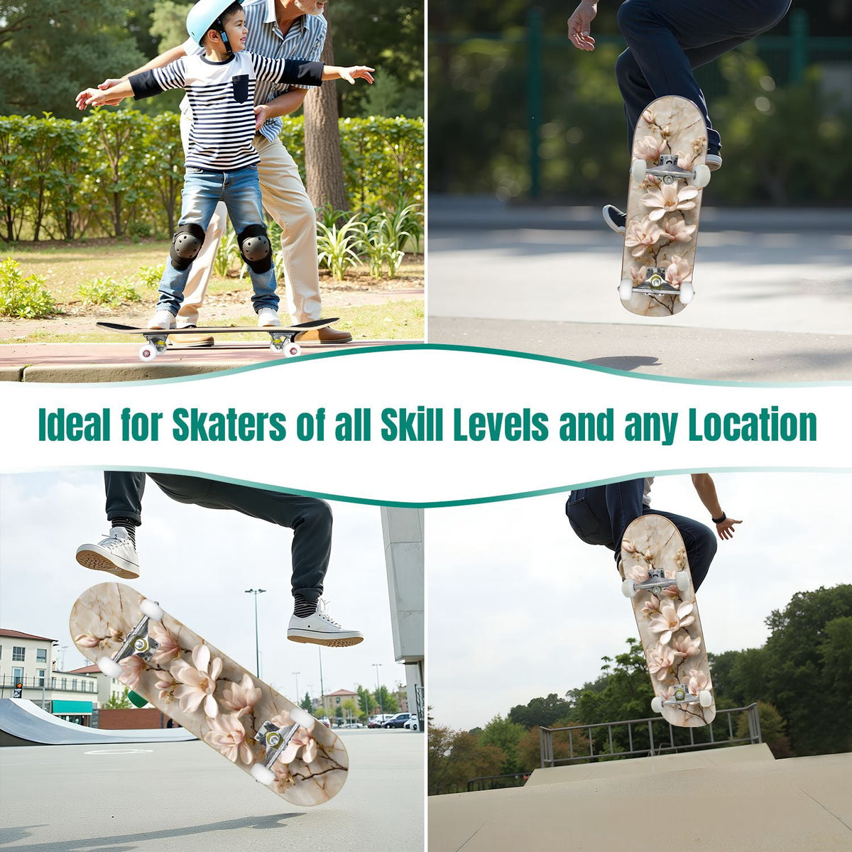 Botanical Birds Lemons Flowers Blue 31" x 8" Complete Skateboard, 7-Ply Canadian Maple Double Kick Trick Board for Kids and Beginners Adult Gifts
