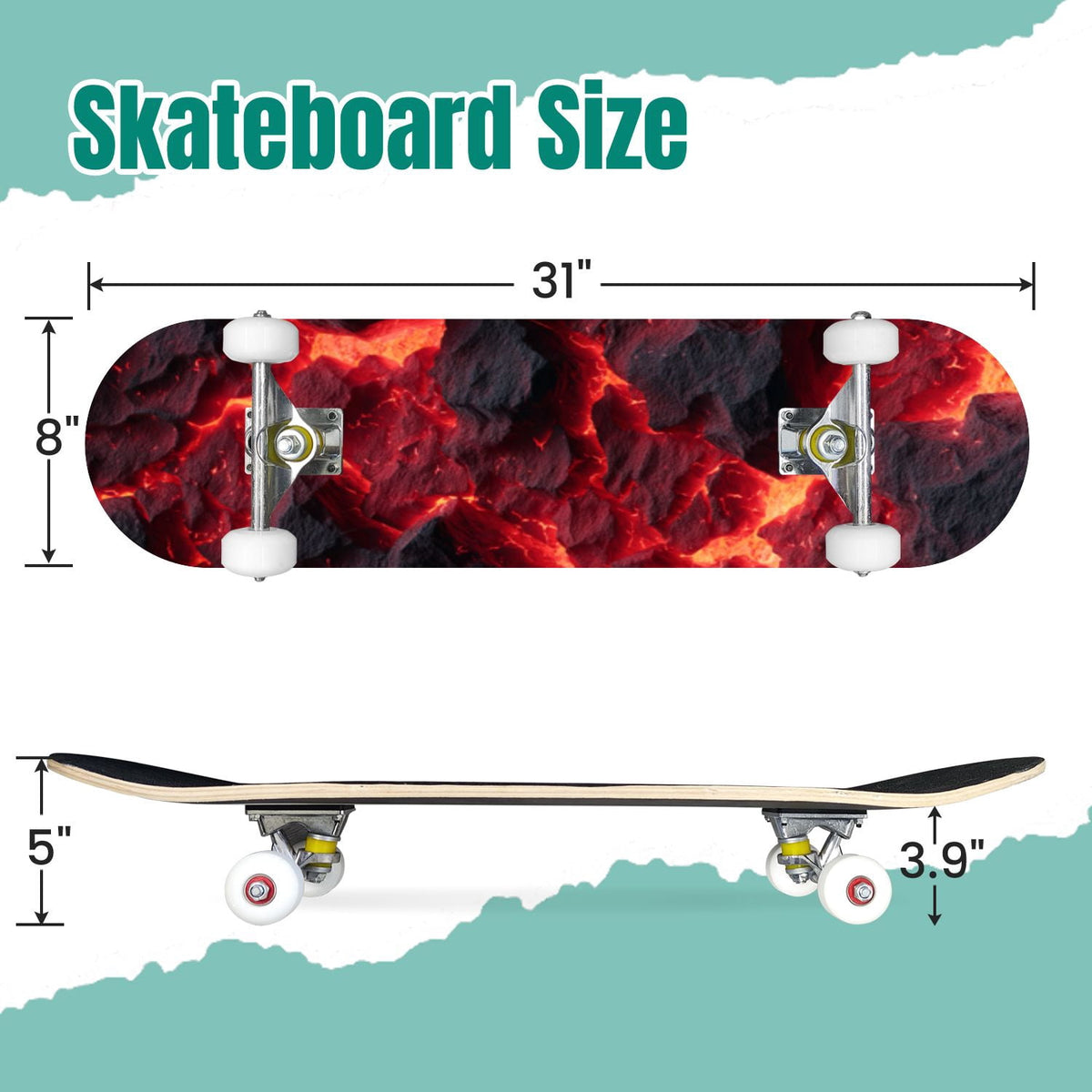 Tropical Jungle Leaf Teal Green Botanical 31" x 8" Complete Skateboard, 7-Ply Canadian Maple Double Kick Trick Board for Kids and Beginners Adult Gifts
