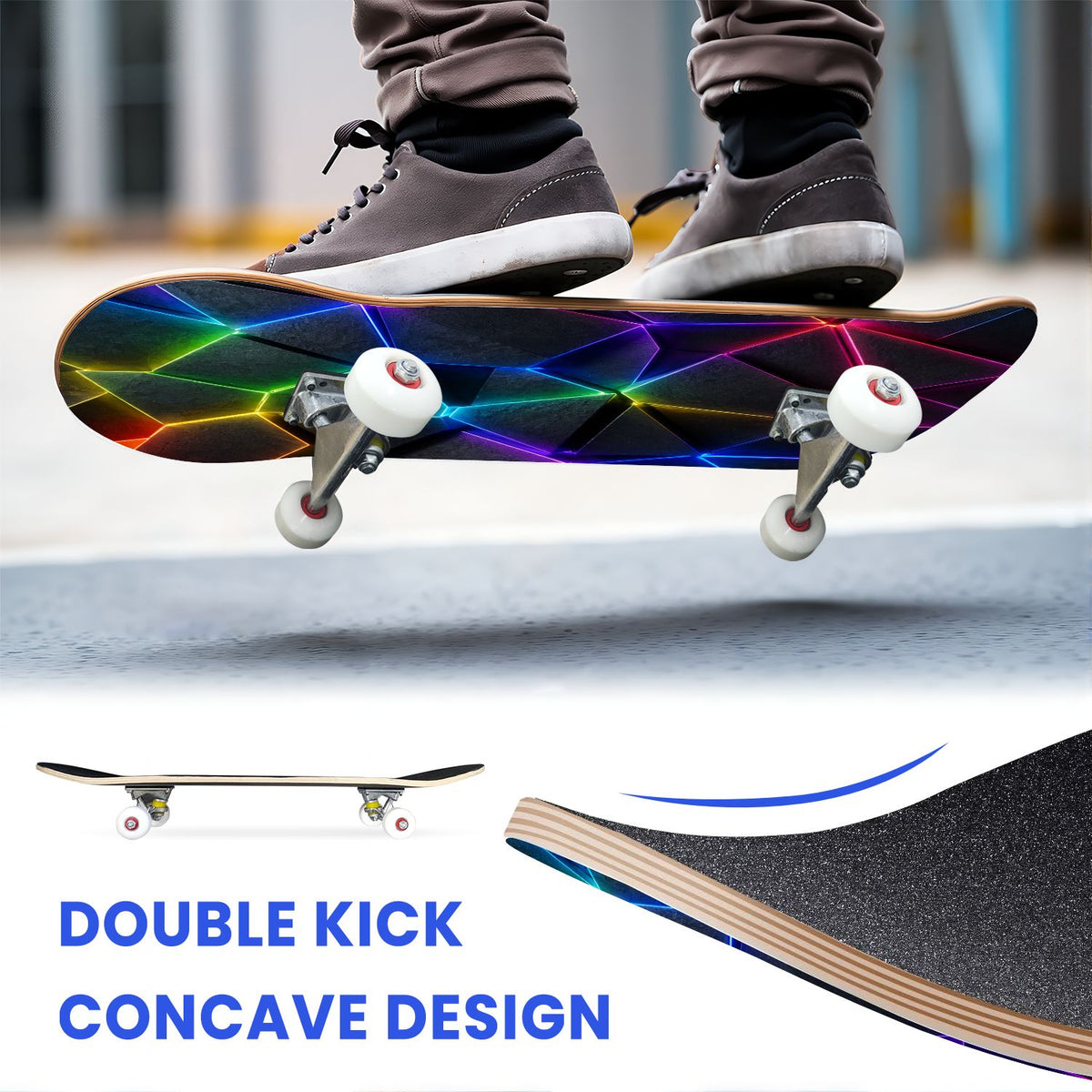 31"x8" Complete Skateboards for Beginners, Abstract Geometric Vibrant Neon Line Accents Dark Futuristic Double Kick 7 Ply Canadian Maple Deck Skateboard with Wheels, Gifts for Boys Teens