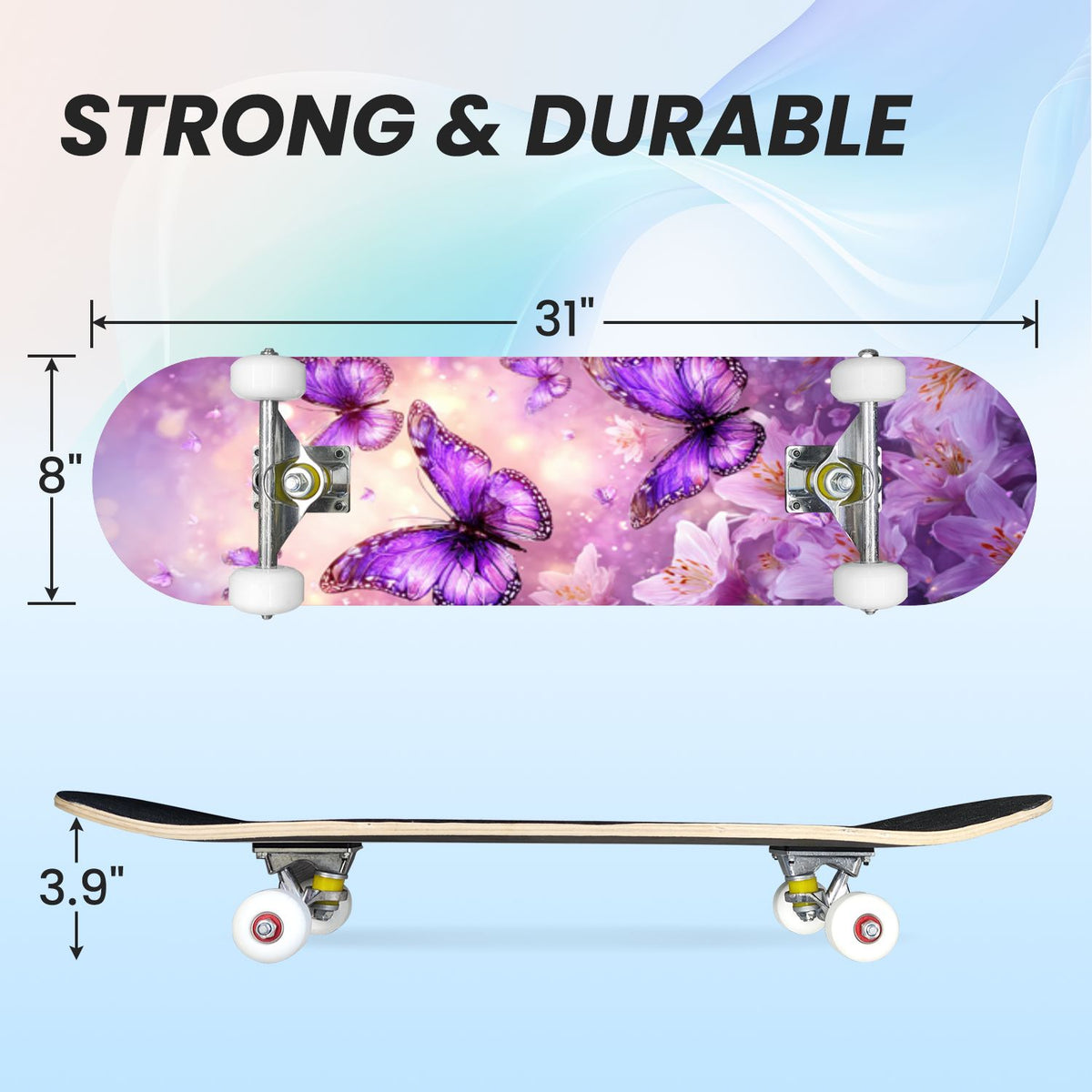 31"x8" Complete Skateboards for Beginners, Blue Deep Sea Sailing Ship Octopus Lighthouse Clouds Ocean Double Kick 7 Ply Canadian Maple Deck Skateboard with Wheels, Gifts for Kids Teens