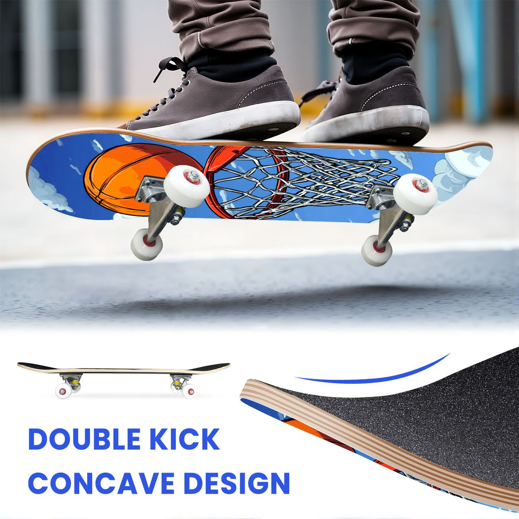 31"x8" Complete Skateboards for Beginners,Orange Basketball Hoop Blue Sky Clouds Double Kick 7 Ply Canadian Maple Deck Skateboard with Wheels, Gifts for Kids Teens